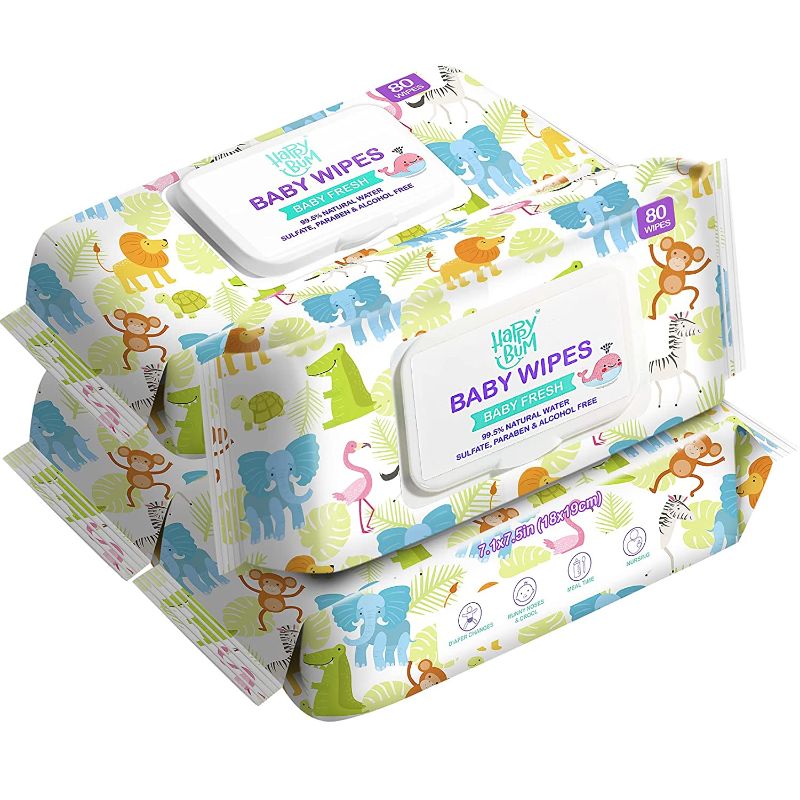 Photo 1 of Baby Wipes - HAPPY BUM Sensitive Water Baby Diaper Wipes, Hypoallergenic, Unscented, 4 Flip-top packs (320 Wipes Total)
