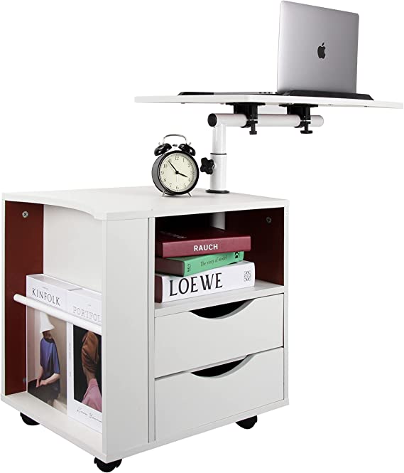 Photo 1 of DANSION Bedside Table Workstation, Adjustable Swivel Tilt Wooden Nightstand Laptop Desk with Drawers and Magazine Holder, Laptop Cart with Wheels, White
