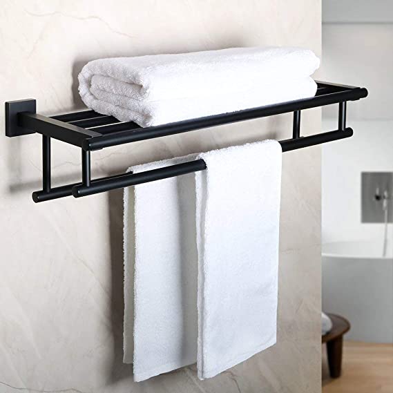 Photo 1 of Alise GZ8000-B Bathroom Lavatory Towel Rack Towel Shelf with Two Towel Bars Wall Mount Holder,24-Inch SUS 304 Stainless Steel Matte Black
