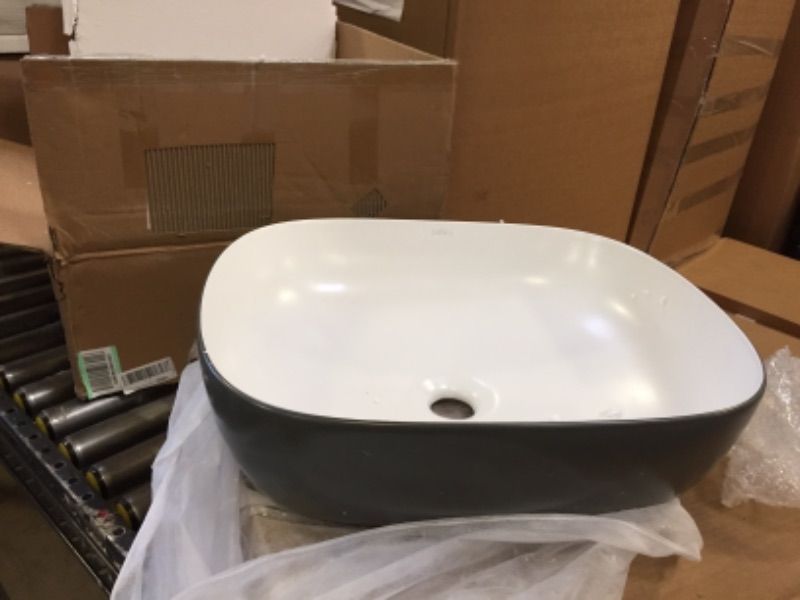 Photo 2 of Bathivy Bathroom Vessel Sink and Pop Up Drain Combo, 19'' x 15.5'' Matte Gray and White Above Counter Vanity Bowl, Modern Rectangular Porcelain Countertop Basin Sinks Wash Bowl
