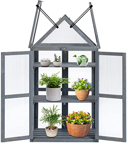 Photo 1 of AVAWING Garden Wood Cold Frame Greenhouse, Outdoor Raised Flower Planter with Removable Shelves, Double Doors & High Quality Translucent PC Protection, Grey (27.5"x 15.7"x 51.2")