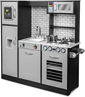 Photo 1 of Jumbl Kids Kitchen Set, Pretend Wooden Play Kitchen, Battery Operated Icemaker & Microwave with Realistic Sound, Pots & Pan Included - Charcoal
