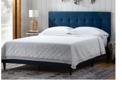 Photo 1 of BROOKSIDE Tara Blue Navy California King Square Tufted Upholstered Platform Bed
