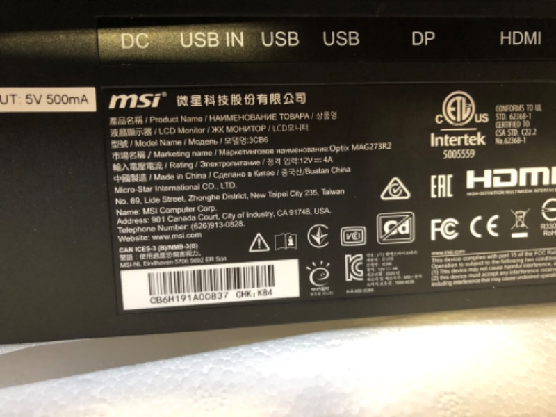 Photo 3 of MSI Full HD Gaming RGB Non-Glare Super Narrow Bezel 1ms 1920 x 1080 165Hz Refresh Rate Adjustable Height Arm FreeSync 27” IPS Gaming Monitor (Optix MAG273R2)
