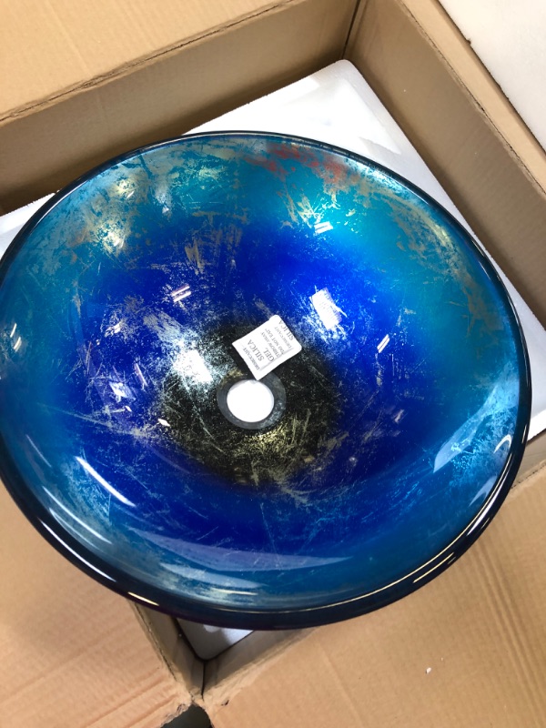 Photo 3 of ANZZI Oceana Series Modern Tempered Glass Vessel Bowl Sink in Blue | Top Mount Bathroom Sinks Above Counter | Round Vanity Countertop Sink Bowl with Pop Up Drain | LS-AZ197
