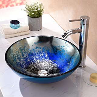 Photo 1 of ANZZI Oceana Series Modern Tempered Glass Vessel Bowl Sink in Blue | Top Mount Bathroom Sinks Above Counter | Round Vanity Countertop Sink Bowl with Pop Up Drain | LS-AZ197
