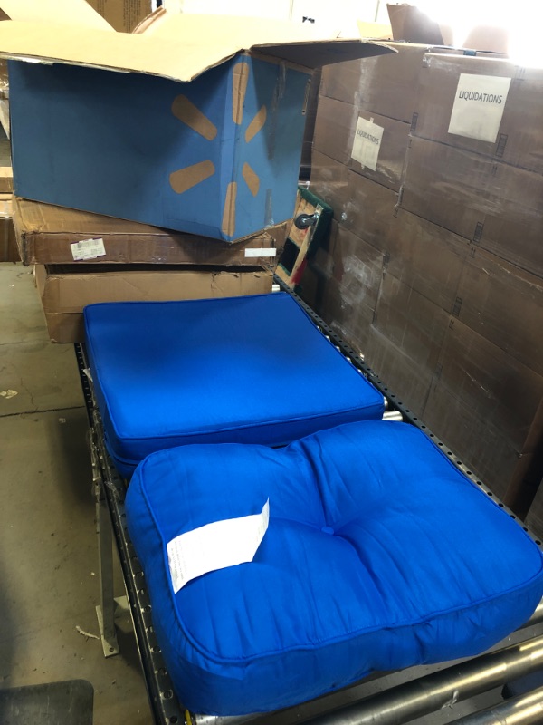 Photo 1 of 25X20 TUFTED BACK CUSHION AND 25X25X5 SEAT CUSHION. PATIO COUCH CUSHIONS BLUE