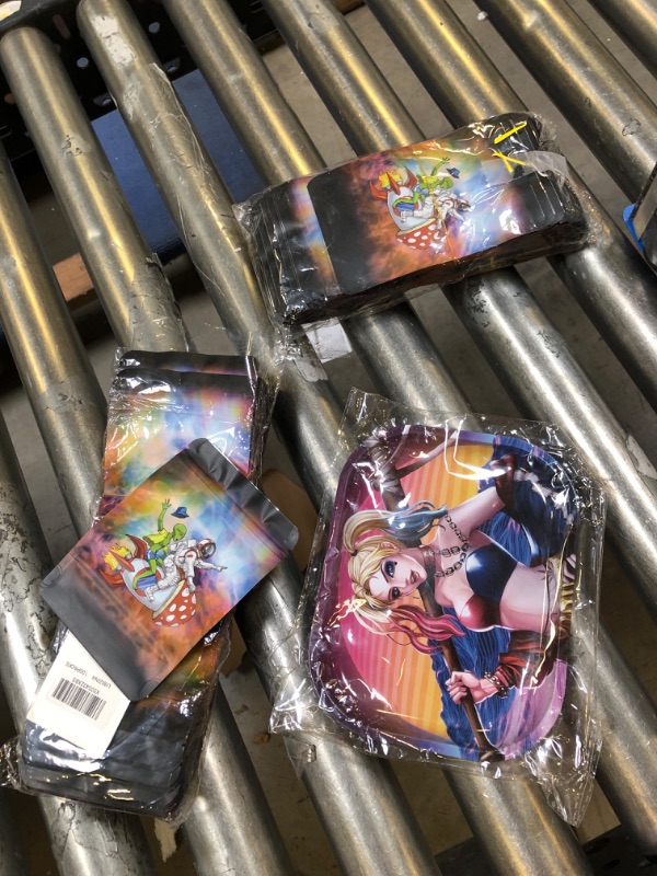 Photo 1 of 5.25in H X 3.5in W PRINTED MYLAR BAGS 200 COUNT AND 7.25X5.5 METAL ANIME STYLE ROLLING TRAY
