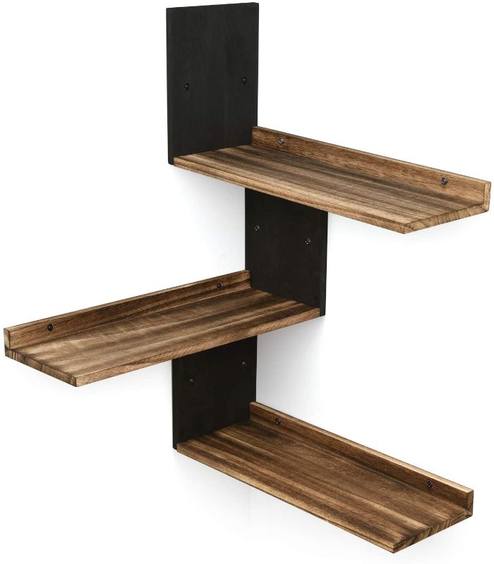 Photo 1 of Miratino Corner Wall Shelf Rustic Wood Corner Floating Shelves Decor for Bedroom Living Room Bathroom Kitchen Set of 3 Assorted Color Black & Brown