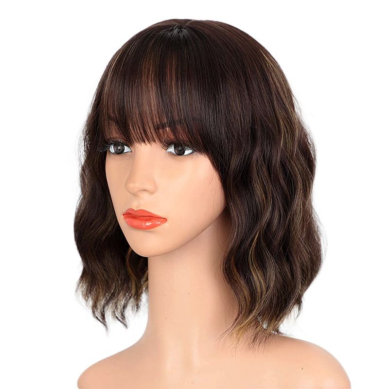 Photo 1 of ENTRANCED STYLES Dark Brown Wigs for Women, Blonde Highlights Wig Natural Looking Short Wavy Bob Wig with bangs Medium Length Heat Resistant Synthetic Wig Daily Party Use 12”
