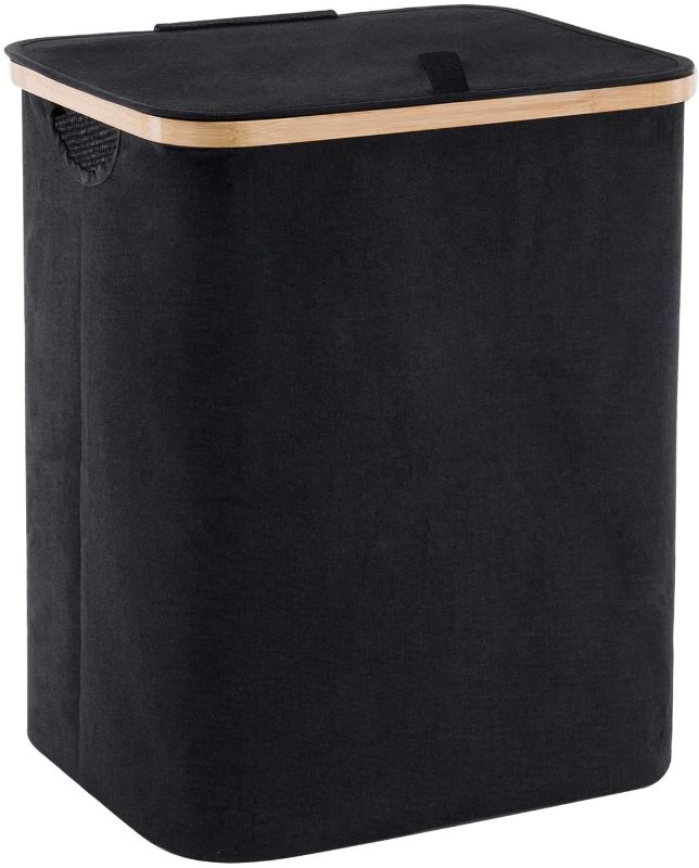 Photo 1 of YOUDENOVA 66L Bamboo Laundry Hamper Basket with Lid and Handle, Waterproof and Collapsible Cloth Hamper for Closet and Bathroom, Black(15.7"L 13"W 19.7"H)
