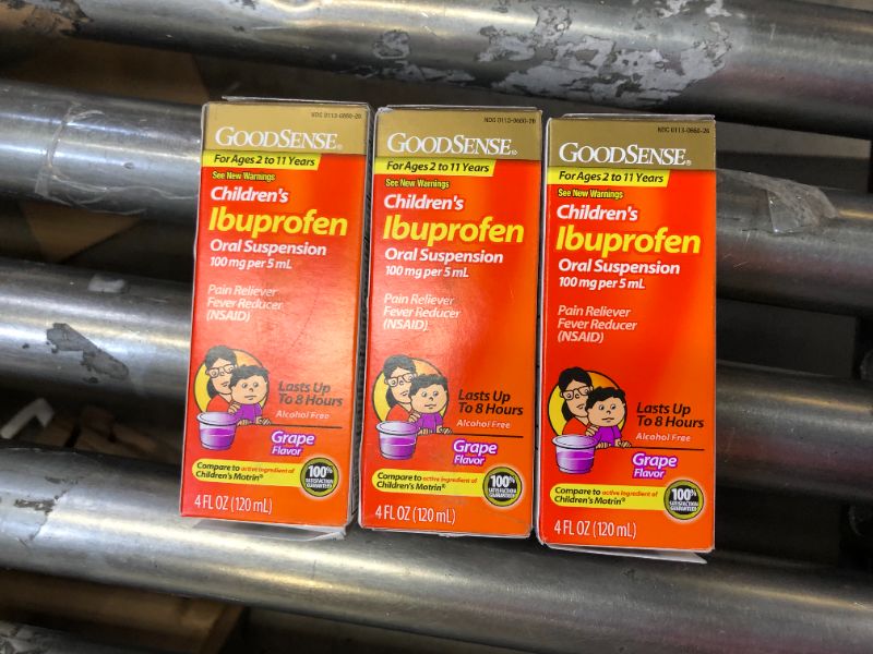 Photo 2 of 3 PK GoodSense Children's Ibuprofen Oral Suspension 100 mg per 5 mL, Pain Reliever and Fever Reducer, Grape Flavor, 4 Ounces BEST BY 3/22

