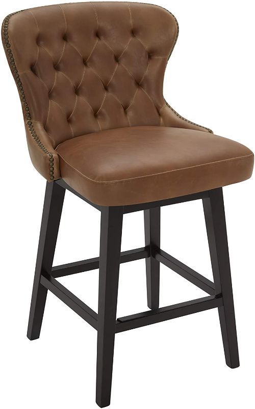 Photo 1 of Amazon Brand – Stone & Beam Morgan Faux Leather Memory-Swivel Counter-Height Barstool, 38.2"H, Brown, ONE LEG BROKEN OFF, POSSIBLY ABLE TO BE GLUED BACK 
