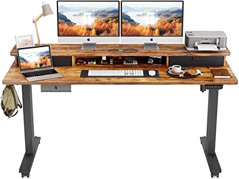 Photo 1 of FEZIBO Height Adjustable Electric Standing Desk with Double Drawer, 60 x 24 Inch Stand Up Table with Storage Shelf, Sit Stand Desk with Splice Board, Black Frame/Rustic Brown Top