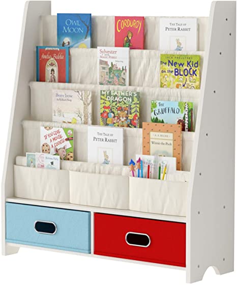 Photo 1 of SEIRIONE Kids Book Shelf, Children Display Rack, 4 Sling and 2 Storage Boxes for Toys Organizer, White
