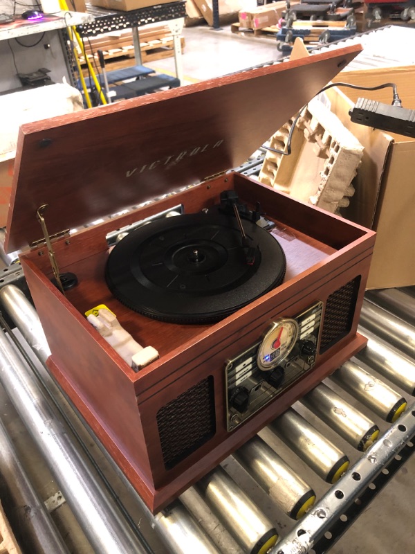 Photo 2 of Victrola Nostalgic 6-in-1 Bluetooth Record Player & Multimedia Center with Built-in Speakers - 3-Speed Turntable, CD & Cassette Player, FM Radio | Wireless Music Streaming | Mahogany
