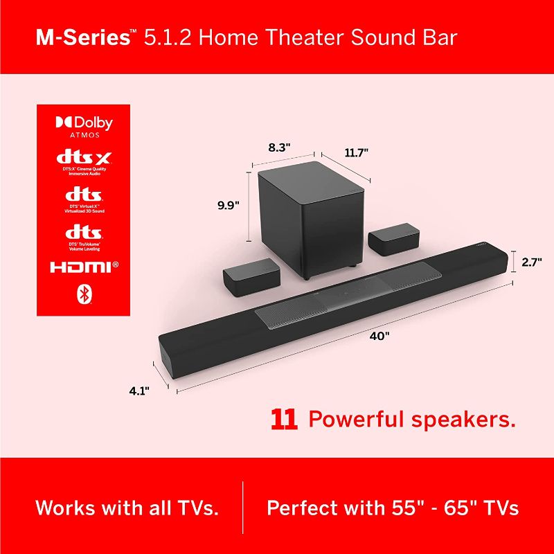 Photo 1 of VIZIO M-Series 5.1.2 Premium Sound Bar with Dolby Atmos, DTS:X, Bluetooth, Wireless Subwoofer, Voice Assistant Compatible, Includes Remote Control - M512a-H6 MINOR SCUFFS AND SCRATCHES / TESTED FOR PROPER FUNCTION
