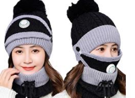 Photo 1 of Womens Pom Beanie Hat with Scarf and Mask Cover Set, Girls Warm Knitted Winter Beanie for with Fleece Lined
