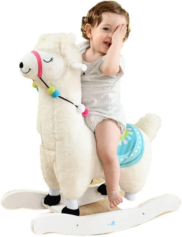 Photo 1 of Baby Rocking Horse - White Alpaca Baby Plush Rocker Toys, Plush Wooden Riding Horse for 1-3 Years Boy&Girl, Toddler Outdoor&Indooor Toy Rocker, Plush Animal Rocker, Infant Gift Alpaca
