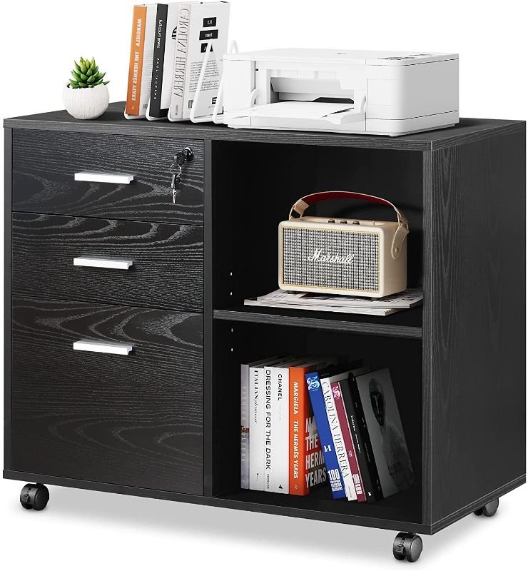 Photo 1 of DEVAISE 3-Drawer Wood File Cabinet with Lock, Mobile Lateral Filing Cabinet, Printer Stand with Open Storage Shelves for Home Office, Black
(DAMAGE TO CORNER OF WOOD)
