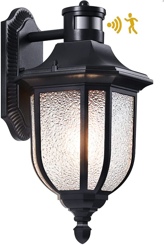 Photo 1 of Waterproof Exterior Outdoor Wall Lantern with Motion Sensor, Dusk to Dawn Porch Light Fixtures Wall Mount, Black Anti-Rust Wall Sconce with Water Ripple Glass, for Doorway Entryway Garage House Patio
