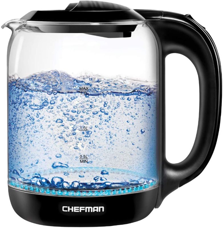 Photo 1 of Chefman 1.7 Liter Electric Glass Tea Kettle, Fast Hot Water Boiler, One Touch Operation, Boils 7 Cups, Swivel Base & Cordless Pouring, Auto Shut-Off
(UNABLE TO TEST FUNCTIONALITY NO POWER CORD)
