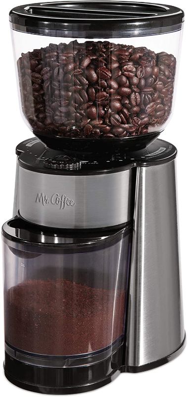 Photo 1 of Mr. Coffee Automatic Burr Mill Coffee Grinder with 18 Custom Grinders, Silver
