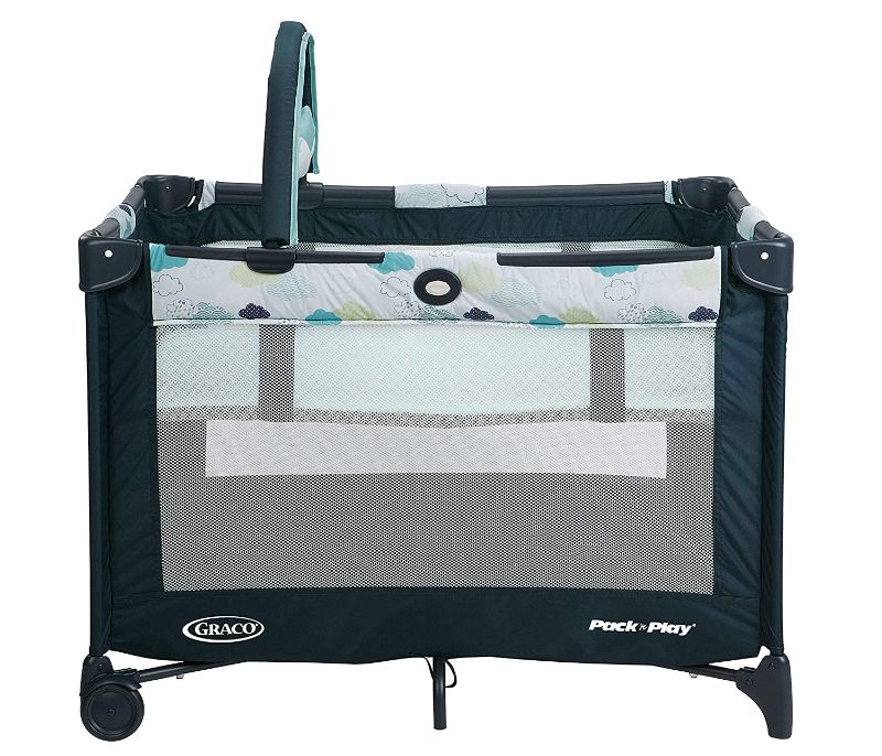 Photo 1 of Graco Pack and Play On the Go Playard | Includes Full-Size Infant Bassinet, Push Button Compact Fold, Stratus , 39.5x28.25x29 Inch (Pack of 1)
