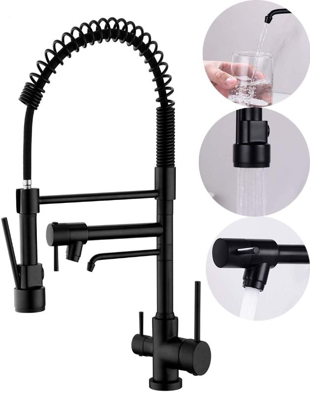 Photo 1 of Delle Rosa Kitchen Faucet, 3 Way Drinking Water Faucet, Modern Kitchen Faucet with Pull Down Sprayer, Dual Handles Kitchen Sink Faucet,3 in 1 High Arc Water Filter Purifier Faucets Matte Black
