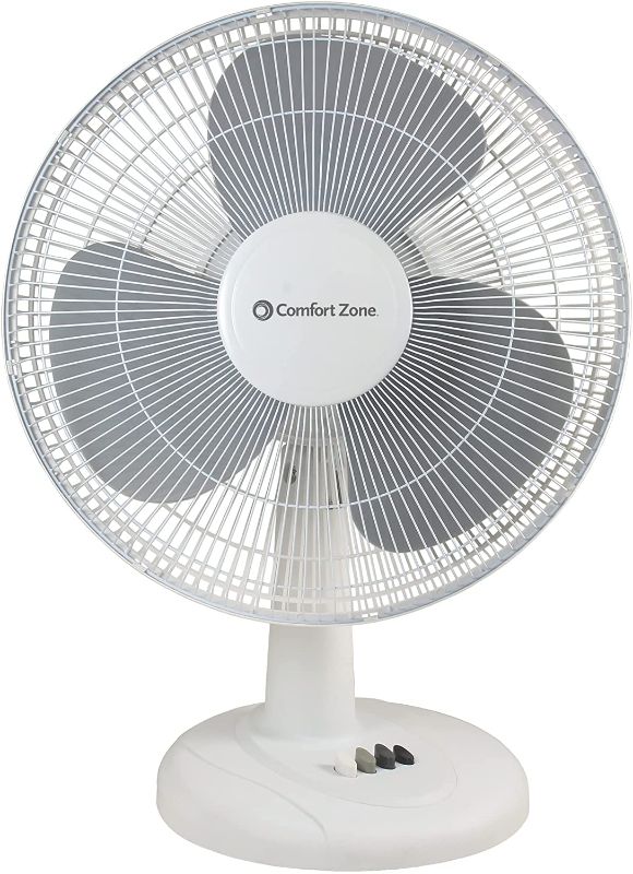 Photo 1 of Comfort Zone CZ121WT Quiet 3-Speed 12-inch Oscillating Table Fan with Adjustable Tilt
