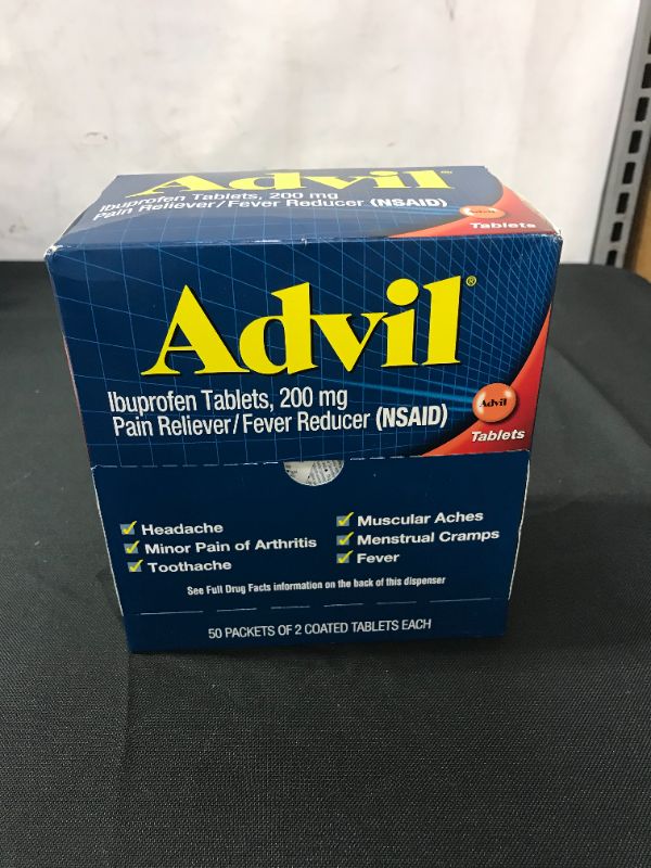 Photo 2 of Advil 40933 Ibuprofen, 50 Packets of 2, Pain Reliever Fever Reducer Tablets EXP: 09/2022
