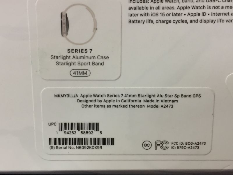 Photo 7 of Apple Watch Series 7 [GPS 41mm] Smart Watch w/ Starlight Aluminum Case with Starlight Sport Band. Fitness Tracker, Blood Oxygen & ECG Apps, Always-On Retina Display, Water Resistant
(MINOR STAINS ON WRISTBAND, DAMAGES TO PACKAGING)