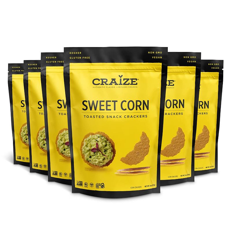 Photo 1 of --EXP JAN 11 2022--- Craize Extra Thin & Crunchy Toasted Corn Crisps Sweet Corn Flavor Healthy Vegan All Natural Plant Based Crackers Non GMO Snack Gluten Free 6 Pack, 4 Ounces Each
