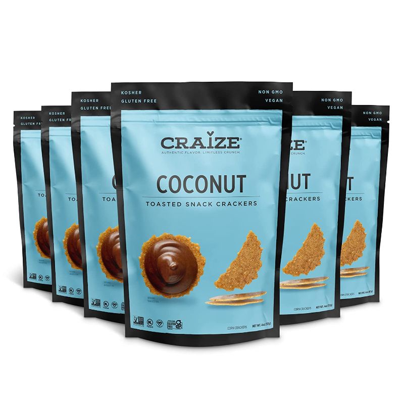 Photo 1 of -- EXP JAN 13/2022--Craize Extra Thin & Crunchy Toasted Corn Crisps Coconut Flavor Healthy Vegan All Natural Plant Based Crackers Non GMO Snack Gluten Free 6 Pack, 4 Ounces Each
