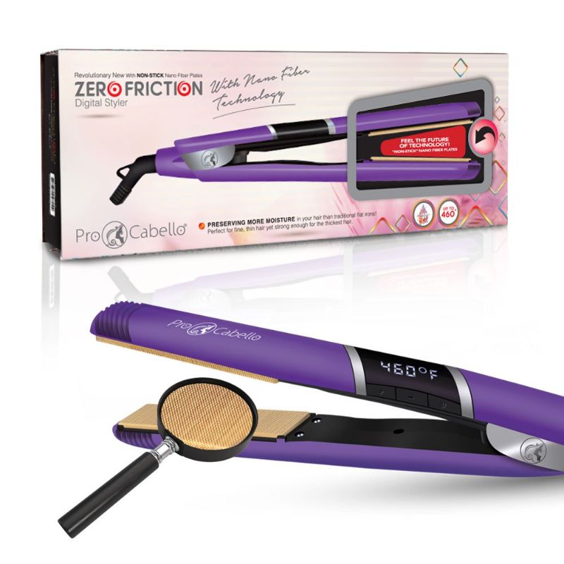 Photo 1 of ProCabello Flat Iron Hair Straightener - Zero Friction - Digital Styler - Non-Stick Nano Fiber Plates - 1 Inch (Purple)
