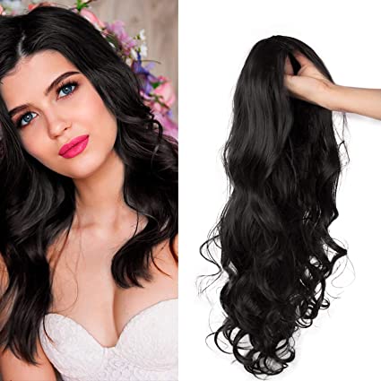 Photo 1 of Long Curly Wig Wavy Wig for Women Synthetic Hair Heat Resistant Middle Parting Design Natural Looking Stylish Wavy Party Wig (Black)

