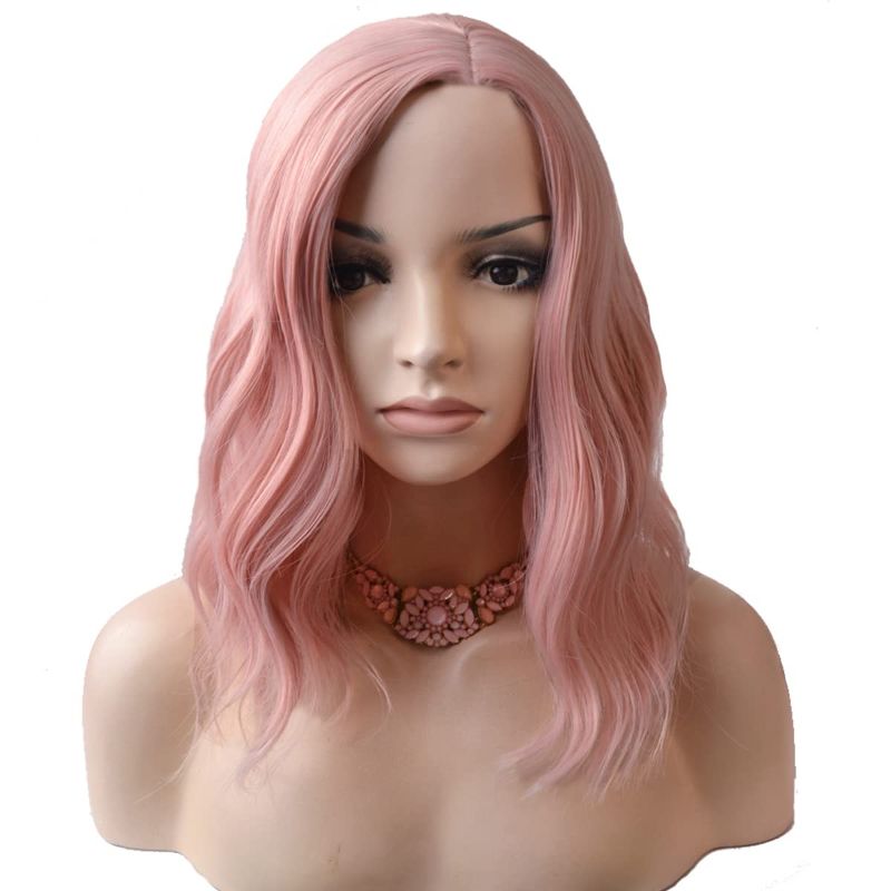 Photo 1 of BERON Pink Wig Short Curly Wig Bob Wig Lovely Pink Wigs Women Girls Beach Wave Wigs for Cosplay Costume Party Wig Cap Included
