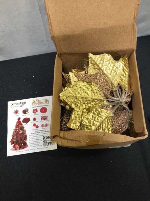 Photo 2 of 10 Pack Christmas Poinsettia Flowers Glitter Poinsettia Bushes Christmas Tree Flowers Christmas Poinsettia Ornament, Artificial Poinsettia Flowers Christmas Decorations-Rose Gold
