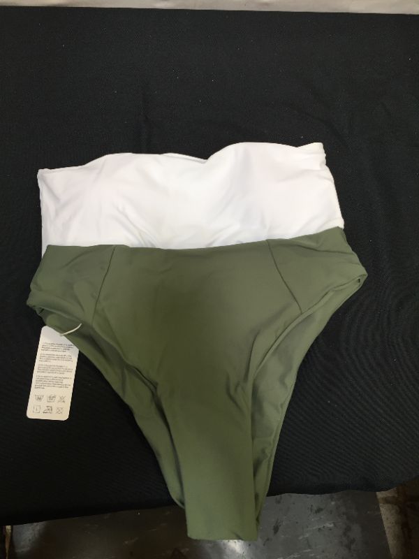 Photo 2 of I2CRAZY Women Bandeau Two Piece Bikini Swimsuits Strapless Top with High Cut Bottom Bathing Suit MEDIUM Green and White