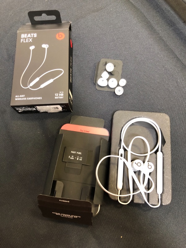 Photo 2 of Beats Flex Wireless Earbuds – Apple W1 Headphone Chip, Magnetic Earphones, Class 1 Bluetooth, 12 Hours of Listening Time, Built-in Microphone - Gray - MISSING CHARGING CABLE 
