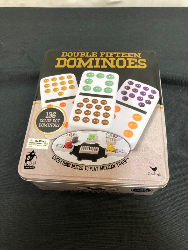 Photo 3 of Double Fifteen Dominoes Set Color Dot Classic Board Game 2-10 Players in Metal Tin, for Adults and Kids Ages 8 and up
