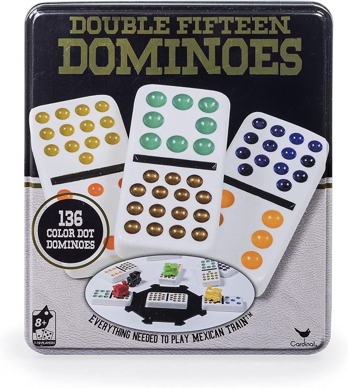 Photo 1 of Double Fifteen Dominoes Set Color Dot Classic Board Game 2-10 Players in Metal Tin, for Adults and Kids Ages 8 and up
