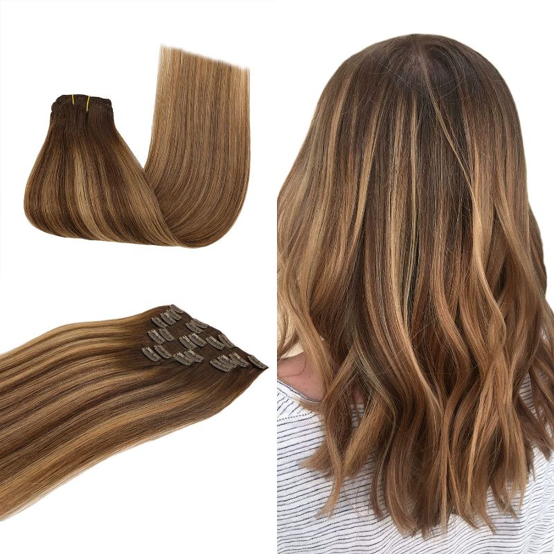 Photo 1 of 14 Inch 8pcs Clip in Hair Extensions Human Hair #4/27/4 Medium Brown with Honey Blonde Double Weft Real Natural Straight Remy 100% Human Hair Extension Clips(120g)
