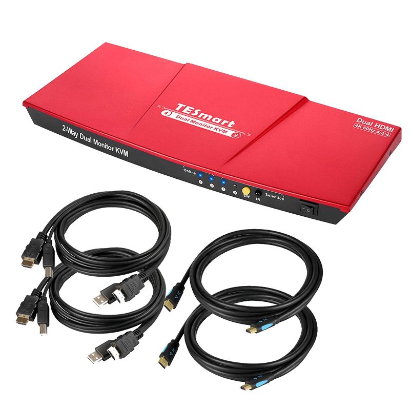 Photo 1 of TESmart Dual HDMI 4x2 Dual Monitor KVM Switch 2 Port Updated 4K @ 60Hz, Support HDCP 2.2(Red)
