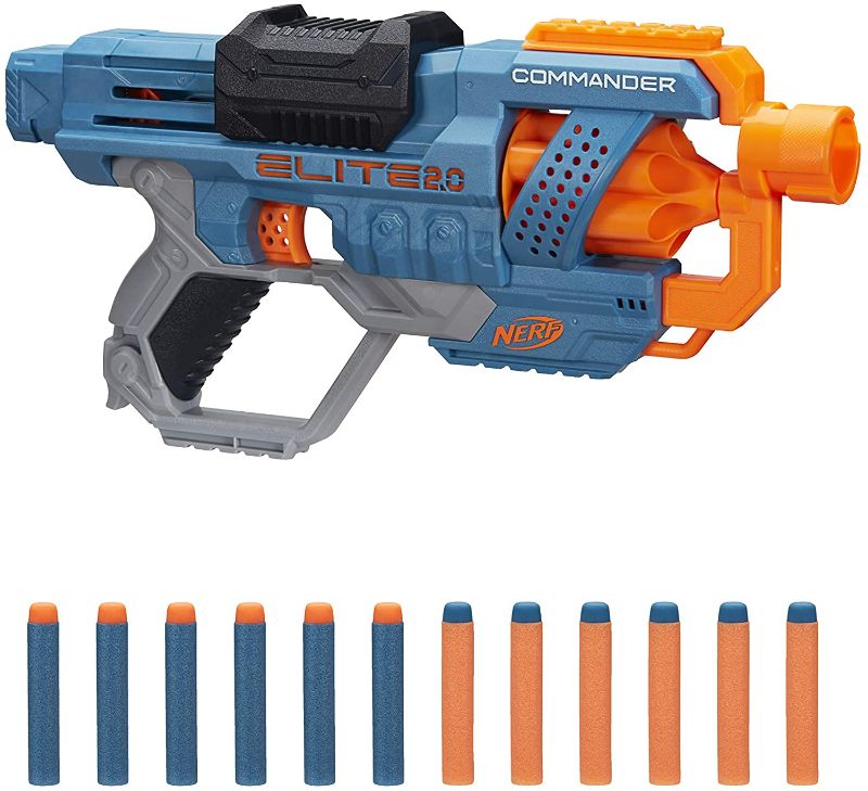 Photo 1 of NERF Elite 2.0 Commander RD-6 Blaster, 12 Official Darts, 6-Dart Rotating Drum, Tactical Rails, Barrel and Stock Attachment Points
