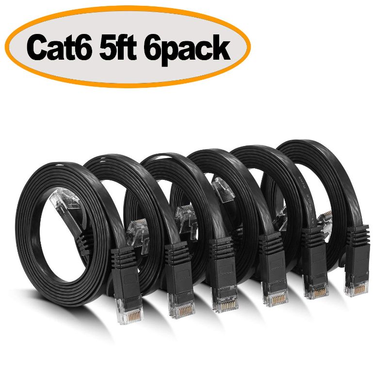 Photo 1 of Cat 6 Ethernet Cable 5 ft Black (6 Pack) – Flat Internet Network Cable – Cat6 Computer LAN Cable Short - Cat 6 Ethernet Patch Cable with Snagless Rj45 Connectors – 5 Feet Black (6 Pack)
