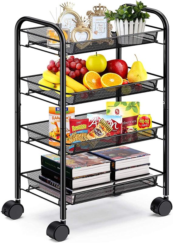 Photo 1 of 4-Tier Mesh Wire Rolling Cart Multifunction Utility Cart Metal Kitchen Storage Cart with 4 Wire Baskets Lockable Wheels for Home, Office, Kitchen by Pipishell (Black)
