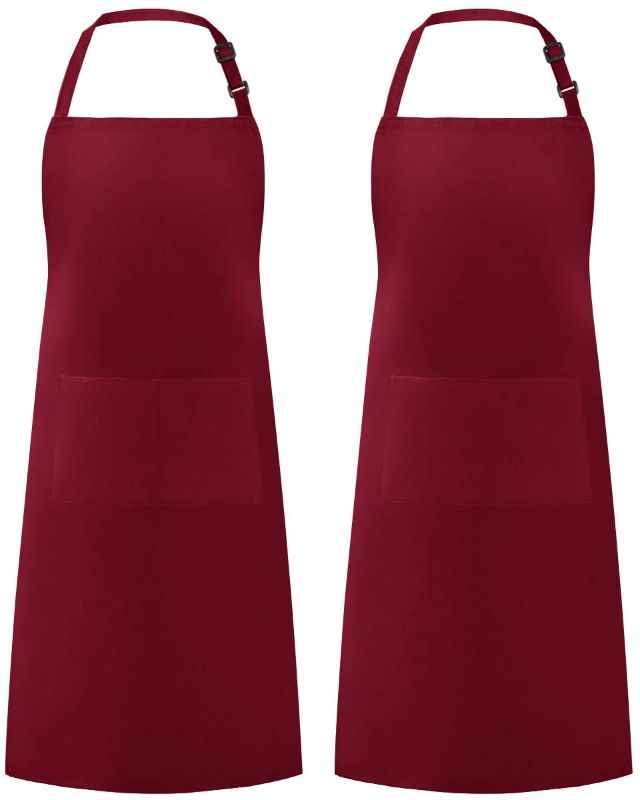 Photo 1 of Syntus 2 Pack Adjustable Bib Apron Waterdrop Resistant with 2 Pockets Cooking Kitchen Aprons for BBQ Drawing, Women Men Chef, Dark Red
