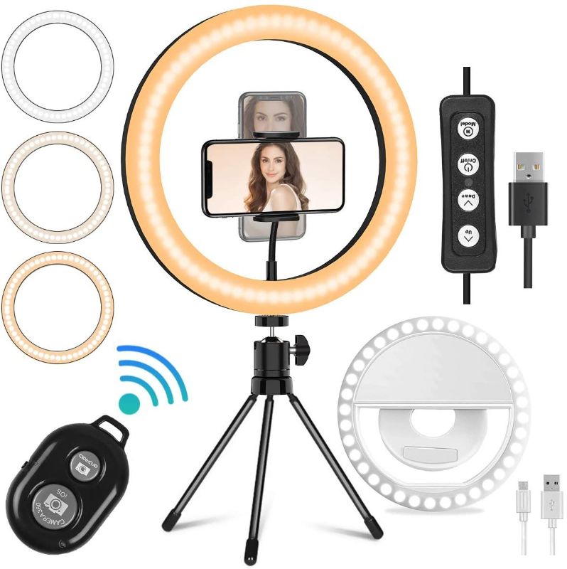 Photo 1 of Mansso 10" LED Ring Light Set - Rechargeable Selfie Ring Light Clip & Remote Shutter & Desktop Tripod Stand & Phone Holder for Live Stream/Makeup/YouTube with 3 Light Modes & 10 Brightness Level
