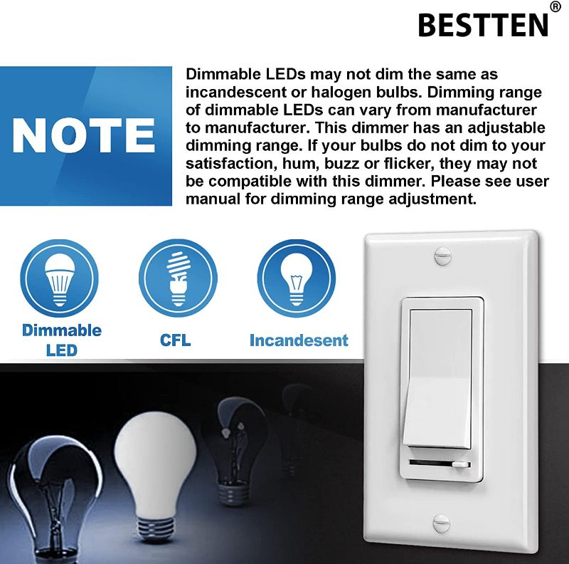 Photo 1 of  BESTTEN Dimmer Light Switch, Single-Pole or 3-Way, 120V, Compatible with Dimmable LED, CFL, Incandescent and Halogen Bulbs, Decorator Wallplate Included, UL Listed, White